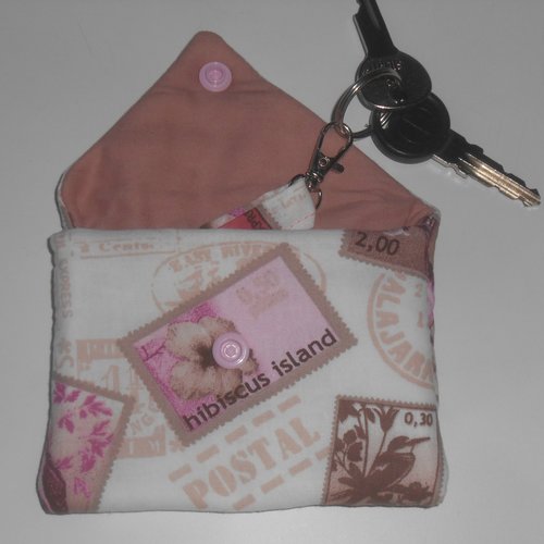Etui porte clés pochette housse de rangement clefs bip porte en tissu blanc cassé timbres oana