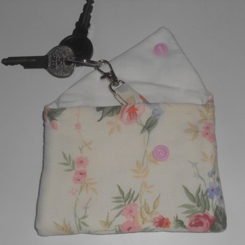 Etui porte clés pochette housse de rangement clefs bip porte en tissu écru fleurs rétro oana
