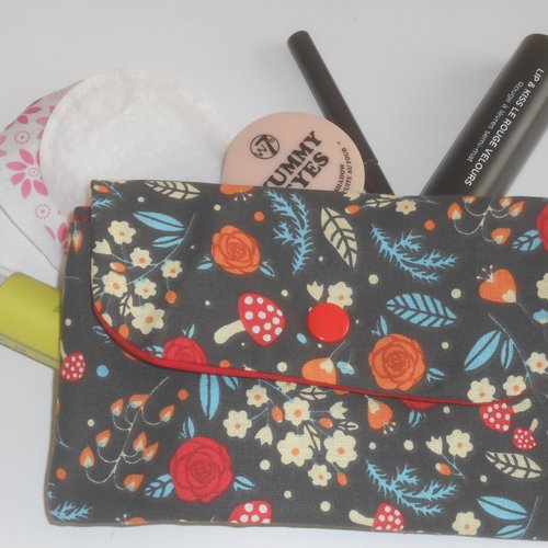 Pochette nomade rangement trousse plate housse étui lavable réutilisable maquillage protège slip gris champignons fleurs audrey