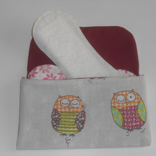 Pochette nomade rangement trousse plate housse étui lavable réutilisable maquillage protège slip hiboux beige audrey