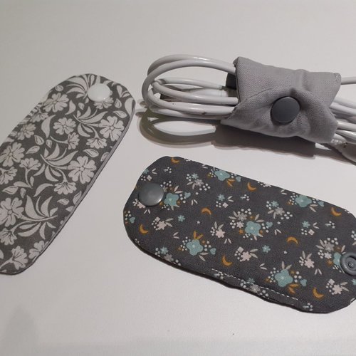 Lot de 3 liens à pression étui enrouleur de cable chargeur smartphone écouteur fil électrique tissus gris betty