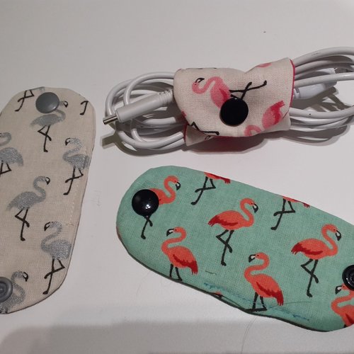 Lot de 3 liens à pression étui enrouleur de cable chargeur smartphone écouteur fil électrique tissus flamants betty