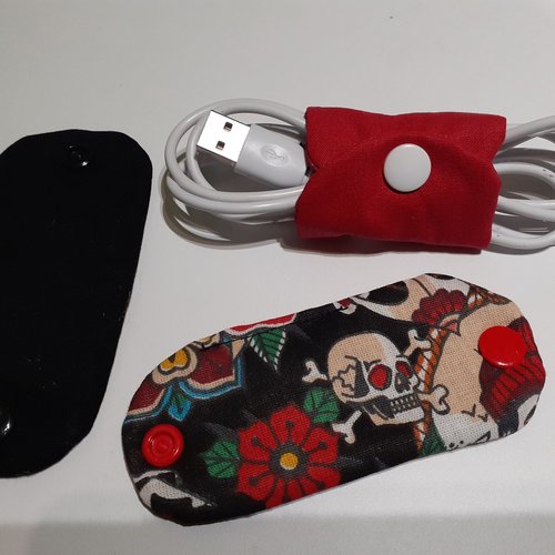Lot de 3 liens à pression étui enrouleur de cable chargeur smartphone écouteur fil électrique tissus rouge noir betty