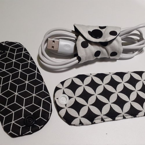 Lot de 3 liens à pression étui enrouleur de cable chargeur smartphone écouteur fil électrique tissus noir blanc betty