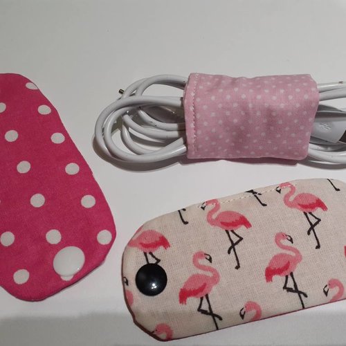 Lot de 3 liens à pression étui enrouleur de cable chargeur smartphone écouteur fil électrique tissus rose betty