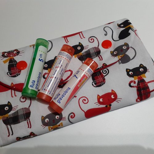 Grande pochette 16 tubes homéopathie granules médicaments pharmacie housse tissu chats anais