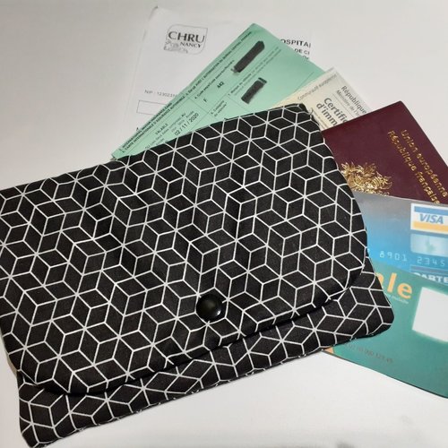 Pochette format carte postale documents administratifs rangement papier voiture pharmacie passeport identité noir blanc carole