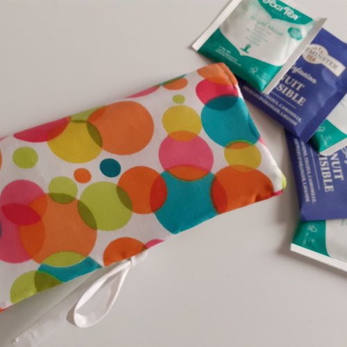 Pochette thé infusions sachets housse de rangement nomade en tissu blanc ronds bulles colorées carla