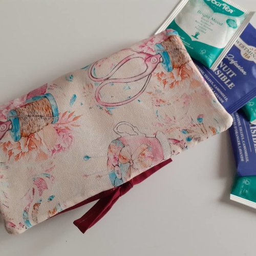 Pochette thé infusions sachets housse de rangement nomade en tissu beige corail ciseaux bobines carla
