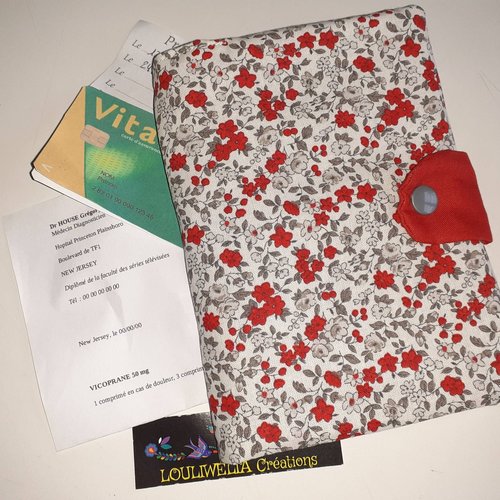 Pochette médicale porte ordonnance pharmacie carte vitale en tissu écru petites fleurs perla