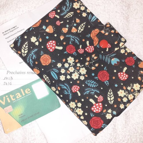 Pochette médicale porte ordonnance pharmacie carte vitale tissu gris champignons perla