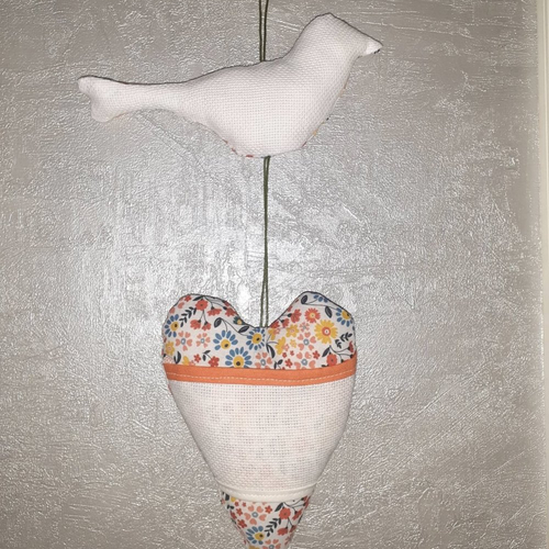 A broder ouvrage support oiseau coeur à suspendre coton blanc fleurs toile d'aida blanche point de croix ophelia