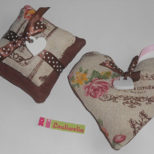 Deco duo de 2 petites créations un coeur à suspendre et un lot de coussins à poser vintage rétro marron beige