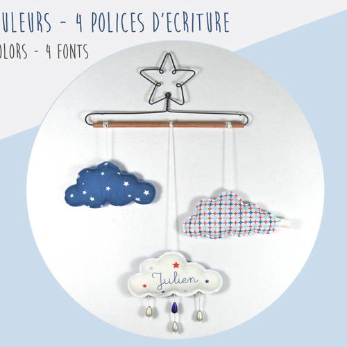 Mobile Prenom Bebe Etoile Et Nuages Perles De Pluie Bleu Blanc Rouge Un Grand Marche