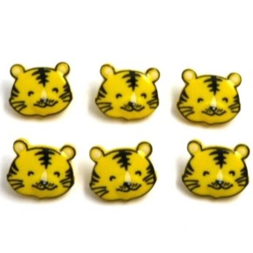 Lot 6 boutons tête tigre jaune 17 mm