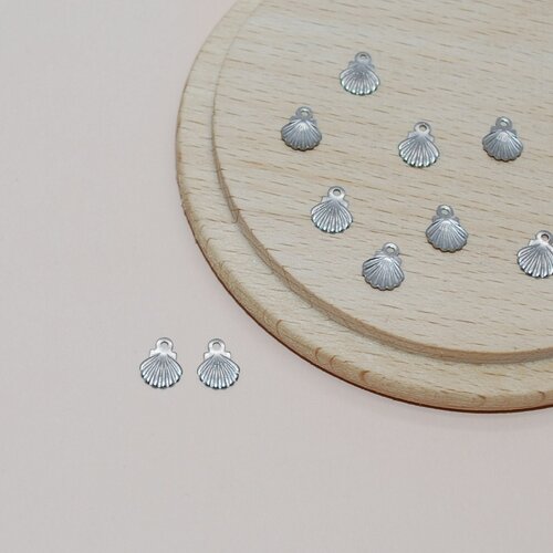 Lot de 10 breloques mini coquillages argent en acier inoxydable pour création de bijoux
