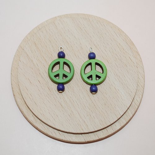 Lot de 2 breloques peace & love vert et violet, pendentif peace & love