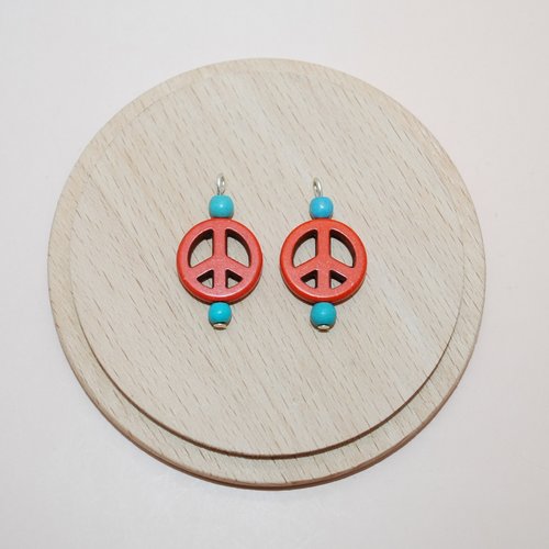 Lot de 2 breloques peace & love orange et turquoise, pendentif peace & love