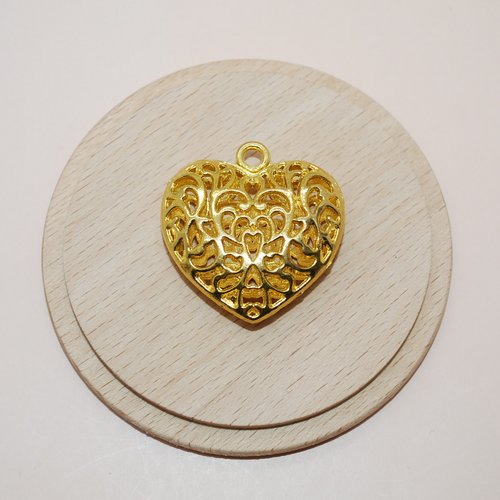 Grand pendentif coeur doré pour création de bijoux, breloque coeur doré