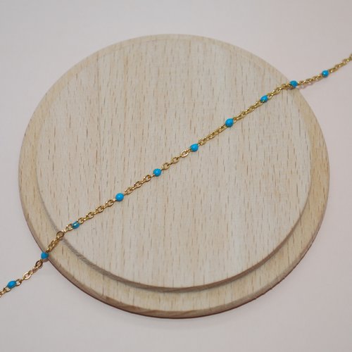 Chaine fine turquoise en acier inoxydable doré et email x50cm pour création de bijoux, chaine acier inoxydable