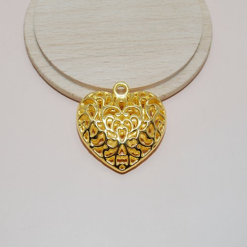 Grand pendentif coeur doré pour création de bijoux, breloque coeur doré