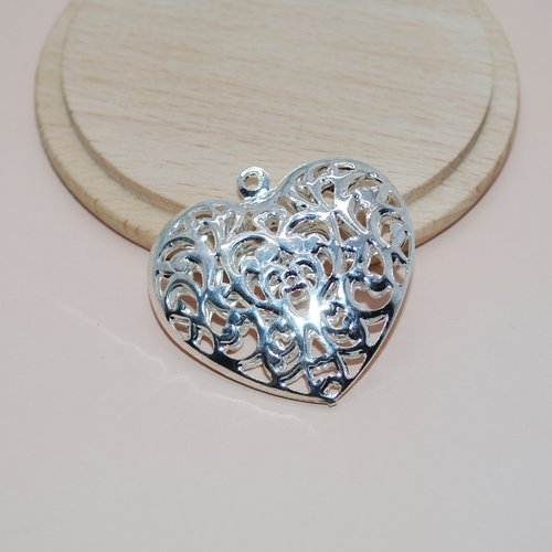 Grand pendentif coeur argent 40mm pour création de bijoux, breloque coeur argent