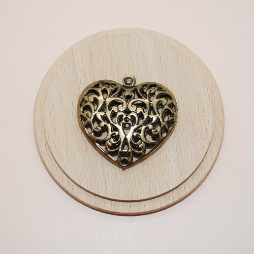 Grand pendentif coeur bronze 40mm pour création de bijoux, breloque coeur bronze