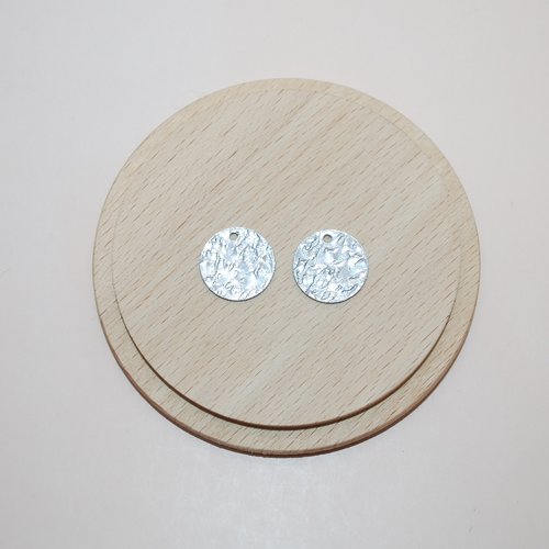 Lot de 2 breloques rondes froissées en acier inoxydable argent 15mm, mini pendentif sequin argent