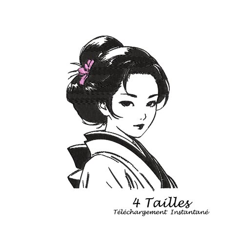 Motif  pour broderie, visage  profil geisha et fleurs