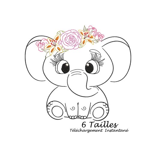 Motif contour eléphant fleurs pour machine à broder