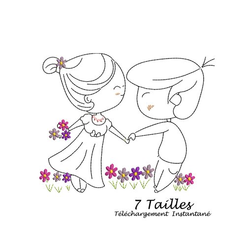 Motif  broderie machine enfants amoureux et fleurs