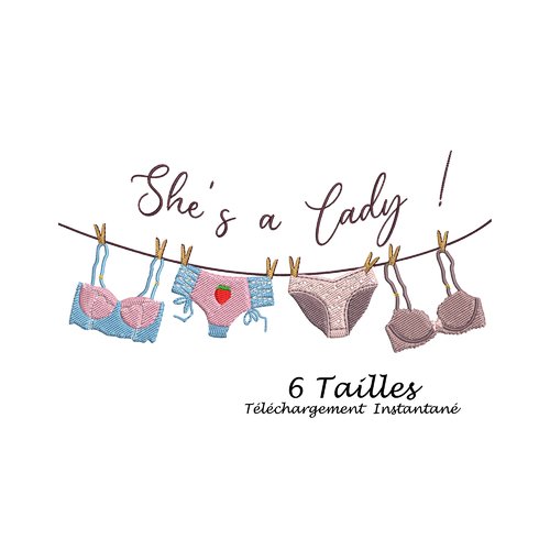 Motif broderie  machine lingerie femme sur corde et citation