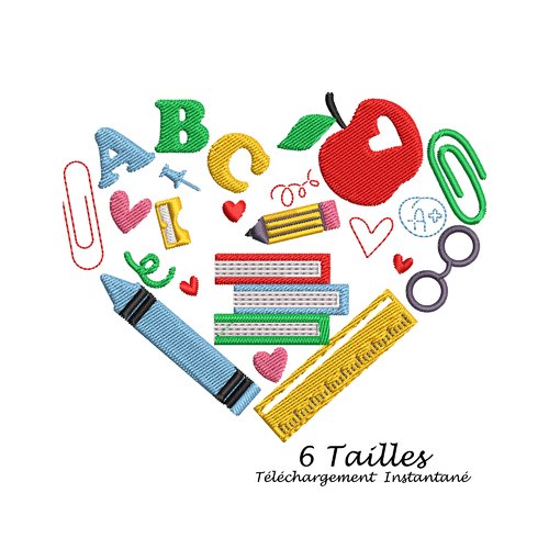 Motif broderie machine accessoires ecolier forme coeur
