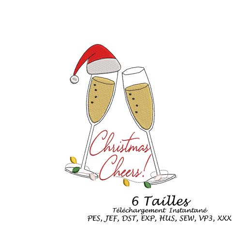 Motif  broderie machine coupes champagne et bonnet de noël