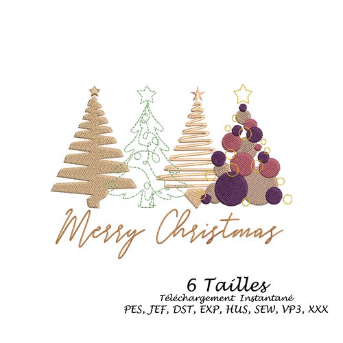 Motif  broderie machine sapin noël et merry christmas,