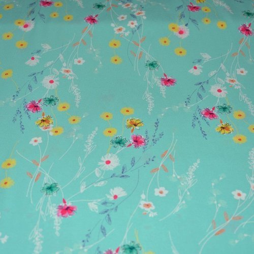 Tissu polyester, vert d'eau motif floral, coupe par 50 centimètres - tissu collection  printemps- eté 2018