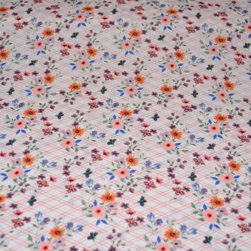 Tissu polyester, ecru rayé rose motif floral, coupe par 50 centimètres - tissu collection  printemps- eté 2018