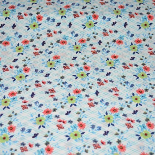 Tissu polyester, ecru rayé bleu motif floral, coupe par 50 centimètres - tissu collection  printemps- eté 2018