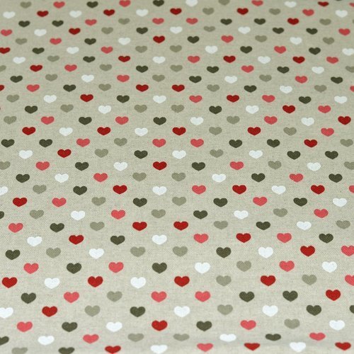 Tissu coton polyester – faux lin – motif coeur - coupe par 50 cms
