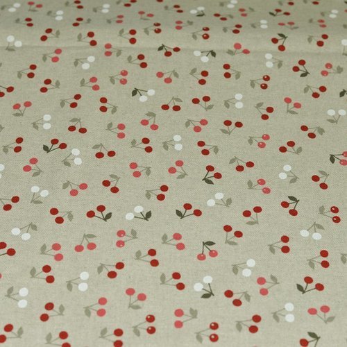 Tissu coton polyester – faux lin – motif cerise - coupe par 50 cms