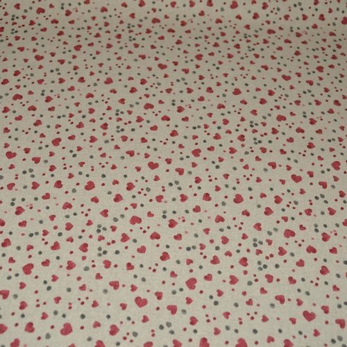 Tissu coton polyester – faux lin – motif coeur et pois - coupe par 50 cms
