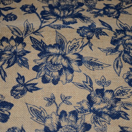 Toile de jute, motif floral bleu marine, coupe par 50 cms