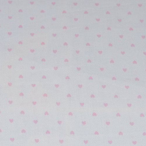 Tissu coton blanc, motif coeur rose, coupe par 50 centimètres - 