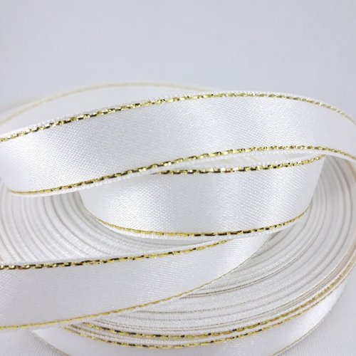 Ruban de satin 18 mm - blanc lisière or - coupe au mètre - idéal pour décoration mariage, coussin alliances.