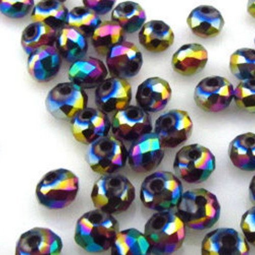 20 perles rondelles facettées 3x4mm en cristal - noir reflets multicolores