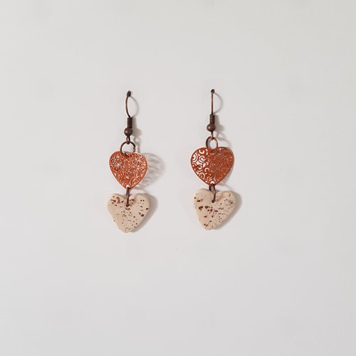 Boucles d'oreilles cœurs feuilles d'argent et cuivre