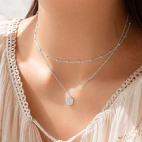 Lot de 2 colliers superposés en argent 925 chaîne perlée et médaille martelée