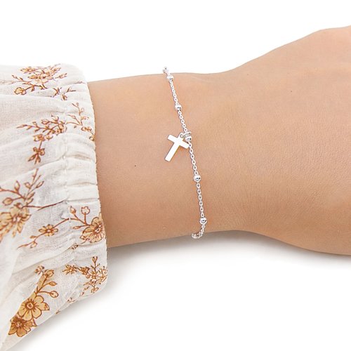 Bracelet croix en argent 925 chaîne perlée satellite – bijou religieux