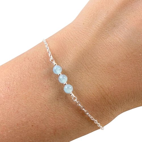 Bracelet aigue-marine argent 925 - bijou pierres naturelles bleu clair - bracelet ajustable 16-19 cm
