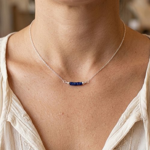 Collier lapis lazuli pierres naturelle et argent 925 - ras de cou bohème - collier pierres bleues